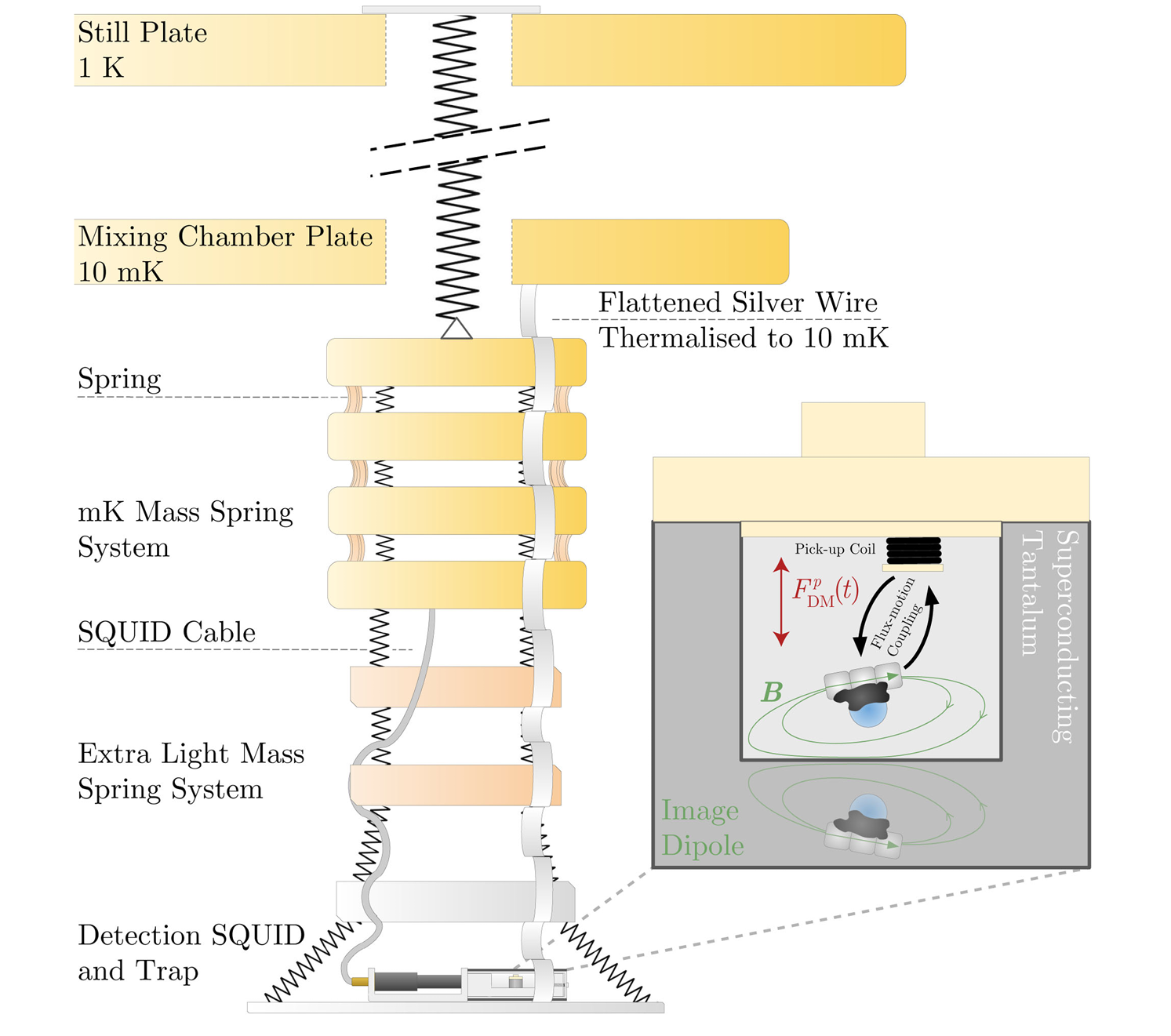 Schematic of the experimental setup inside the dilution refrigerator.