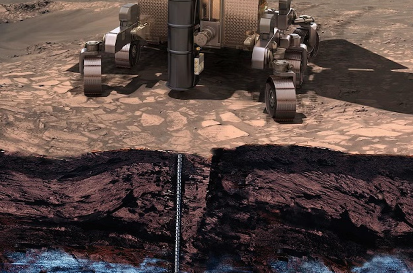 The Rosalind Franklin rover, designed to drill below the Martian surface to search for signs of life hidden underground