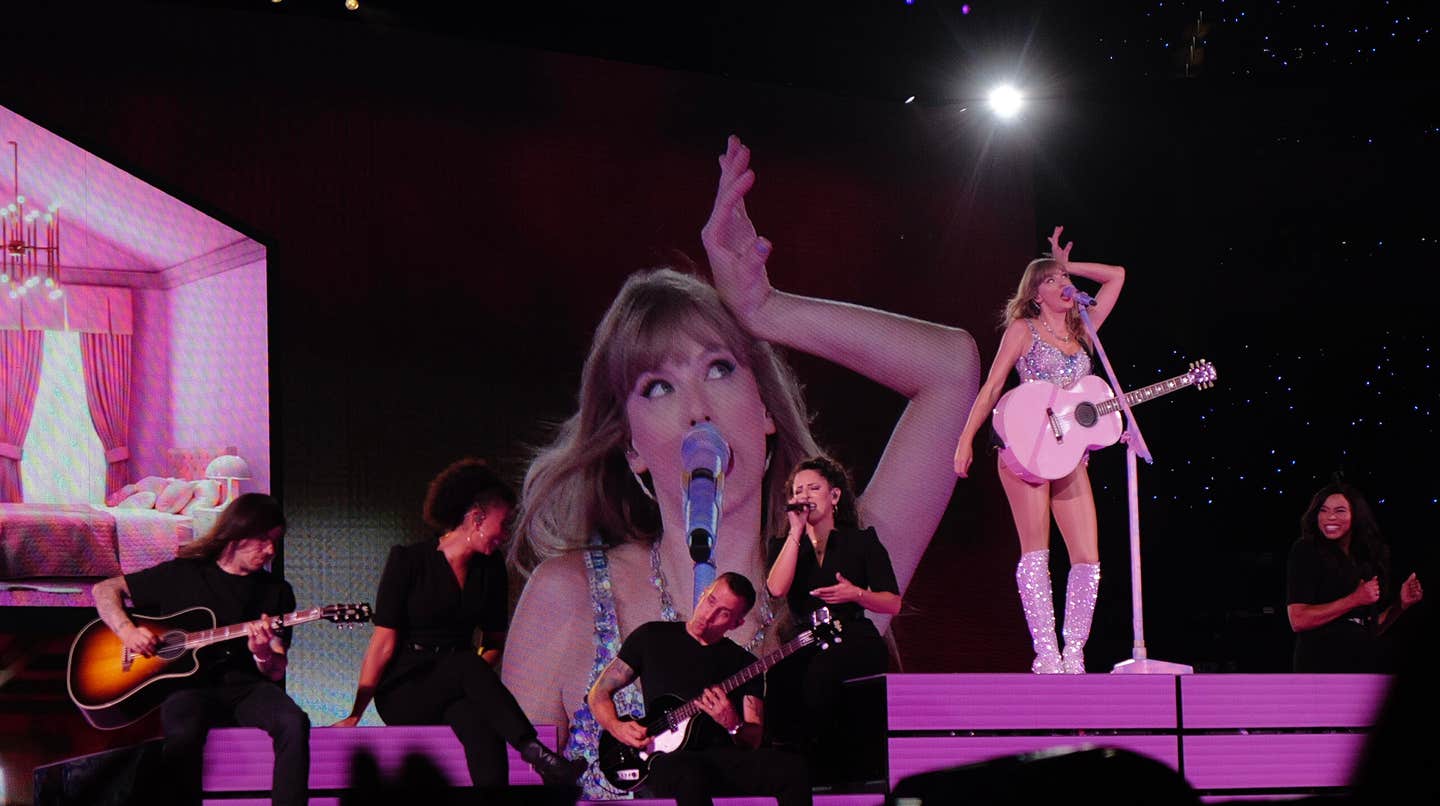 Taylor Swift performing on the Eras Tour concert at SoFi Stadium in Inglewood.