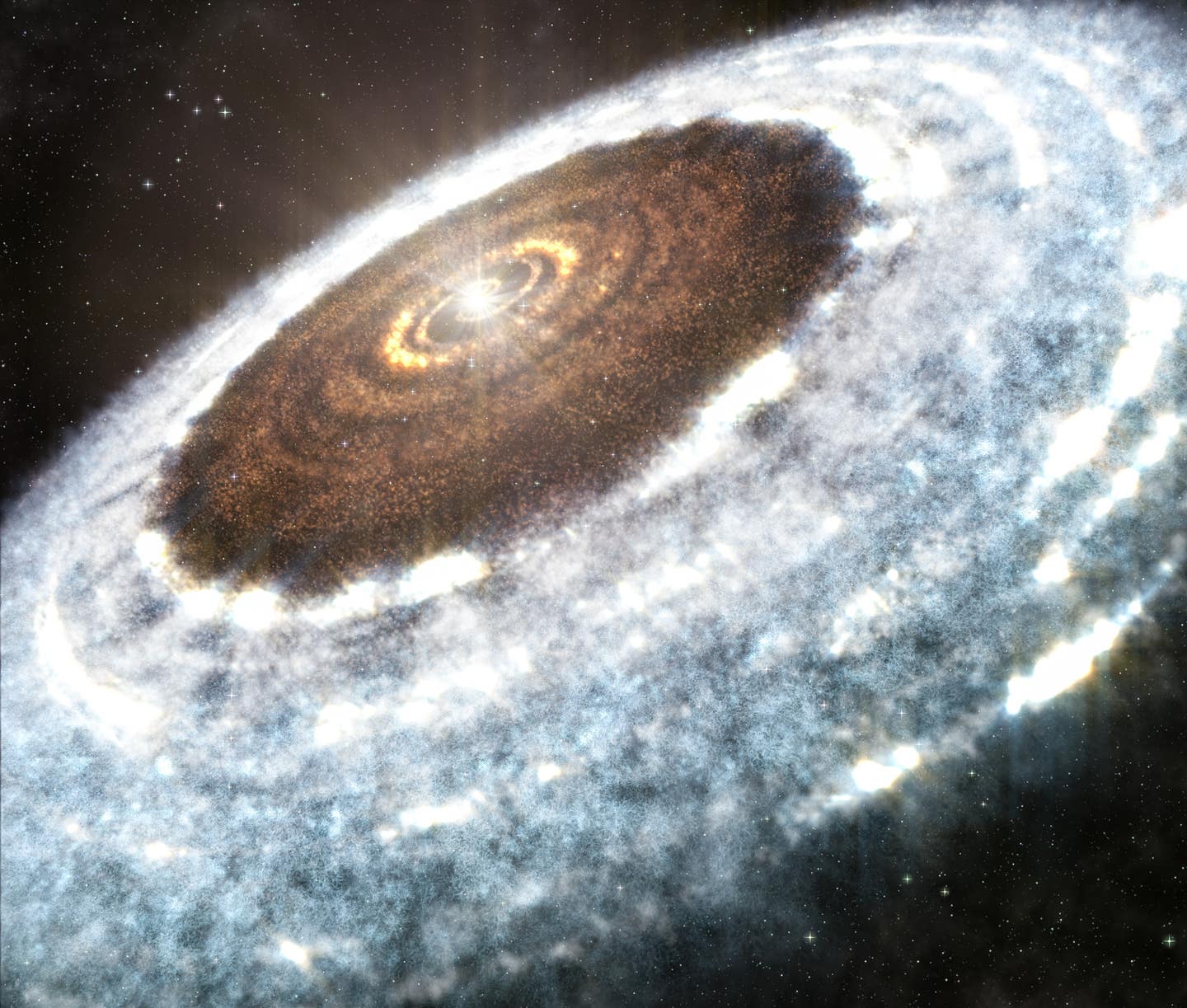 Artists impression of V883 Orionis. Astronomers using ALMA have spotted complex organic molecules in V883 Orionis's protoplanetary disc, reshaping how we think life begins.