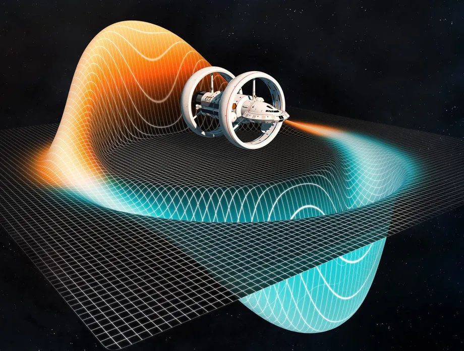 The Alcubierre Warp Drive Model. The blue area below the plane represents contracted space while red and raised area represent expanded space. 