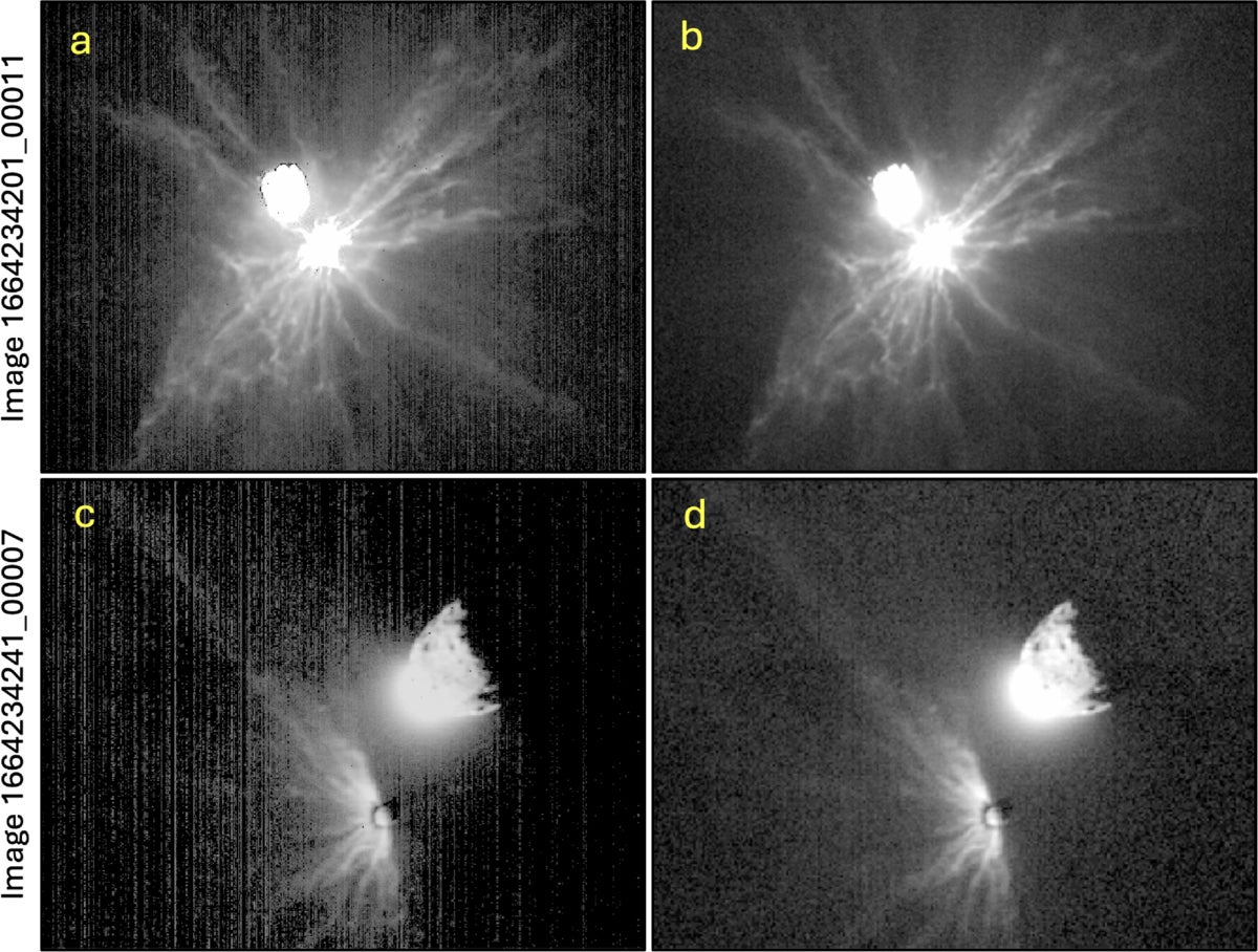 Comparison of calibrated images available in the PDS (panels (a) and (c)) to the new reductions used in this work (panels (b) and (d)).