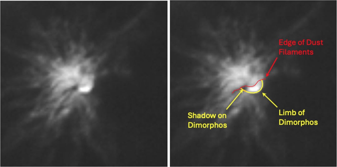 Close-up of the ejecta cloud at 159 s with Dimorphos visible through a gap in the filaments. The limb and shadow are highlighted.