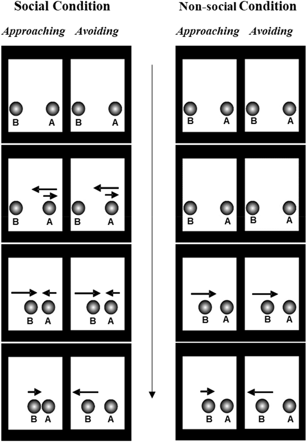 Four frames extracted from the animation videos displaying the social (left panel) and non-social (right panel) conditions of Experiment 1.