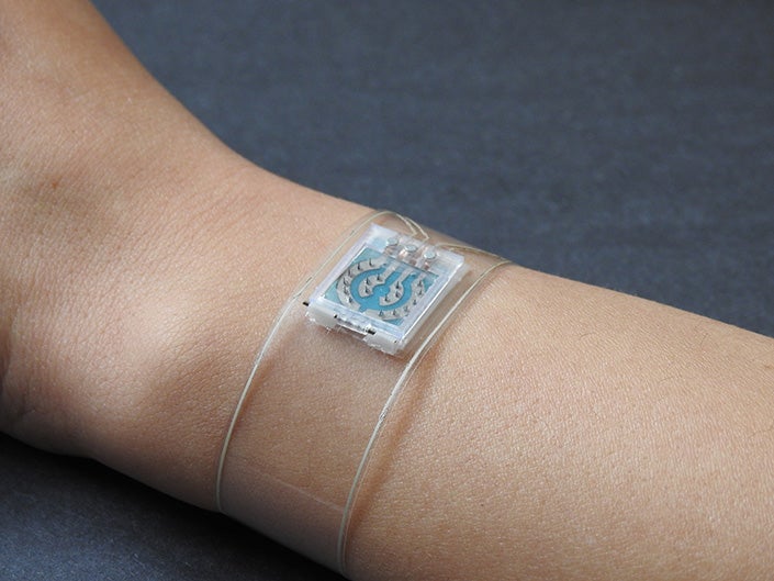 The wristband consists of a microneedle array worn on top of the wrist to measure glucose, alcohol and lactate levels in the interstitial fluid under the skin.