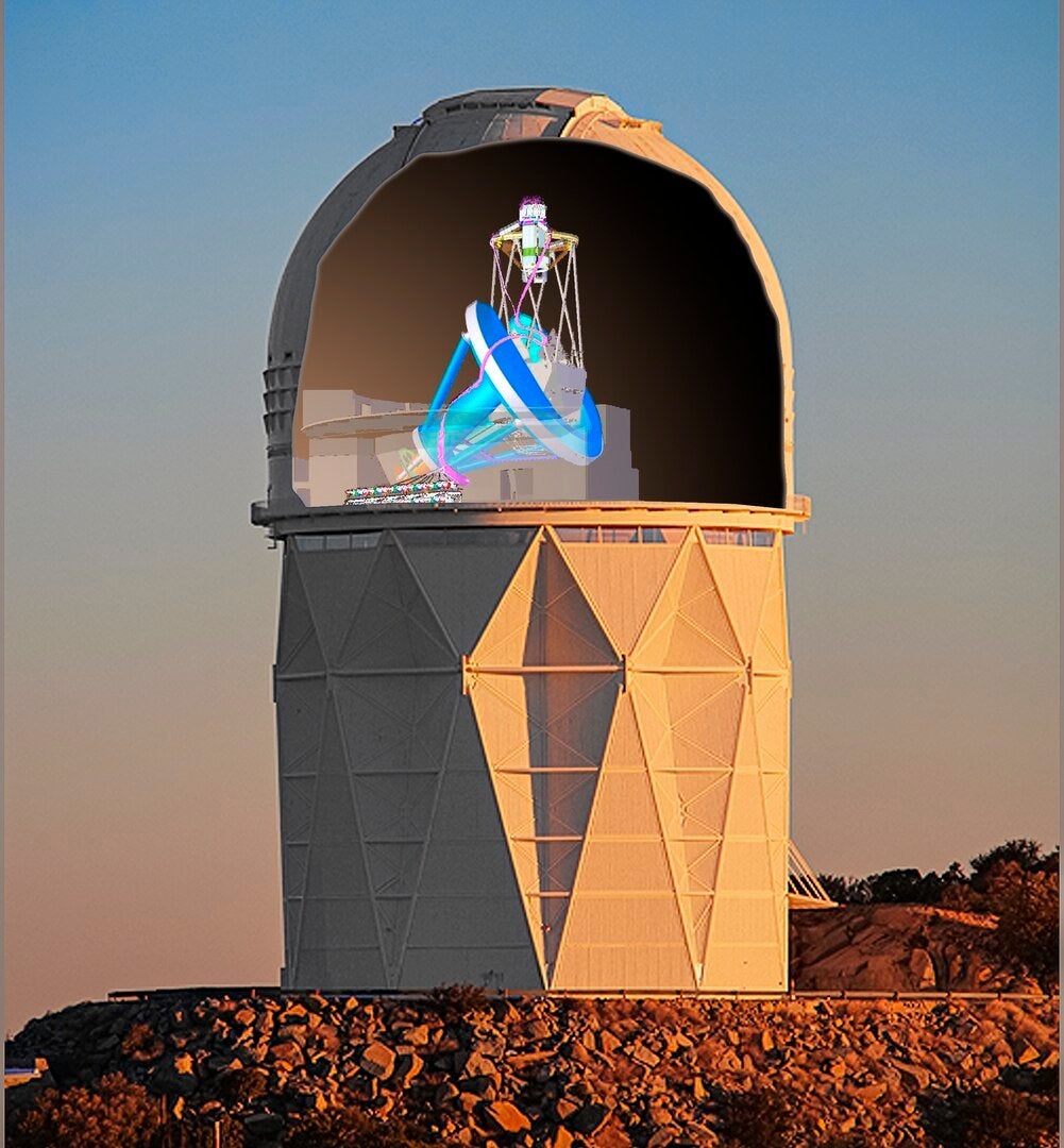 Visualization of the DESI instrument installed inside the dome of the 4-meter Nicholas U. Mayall Telescope at Kitt Peak National Observatory.