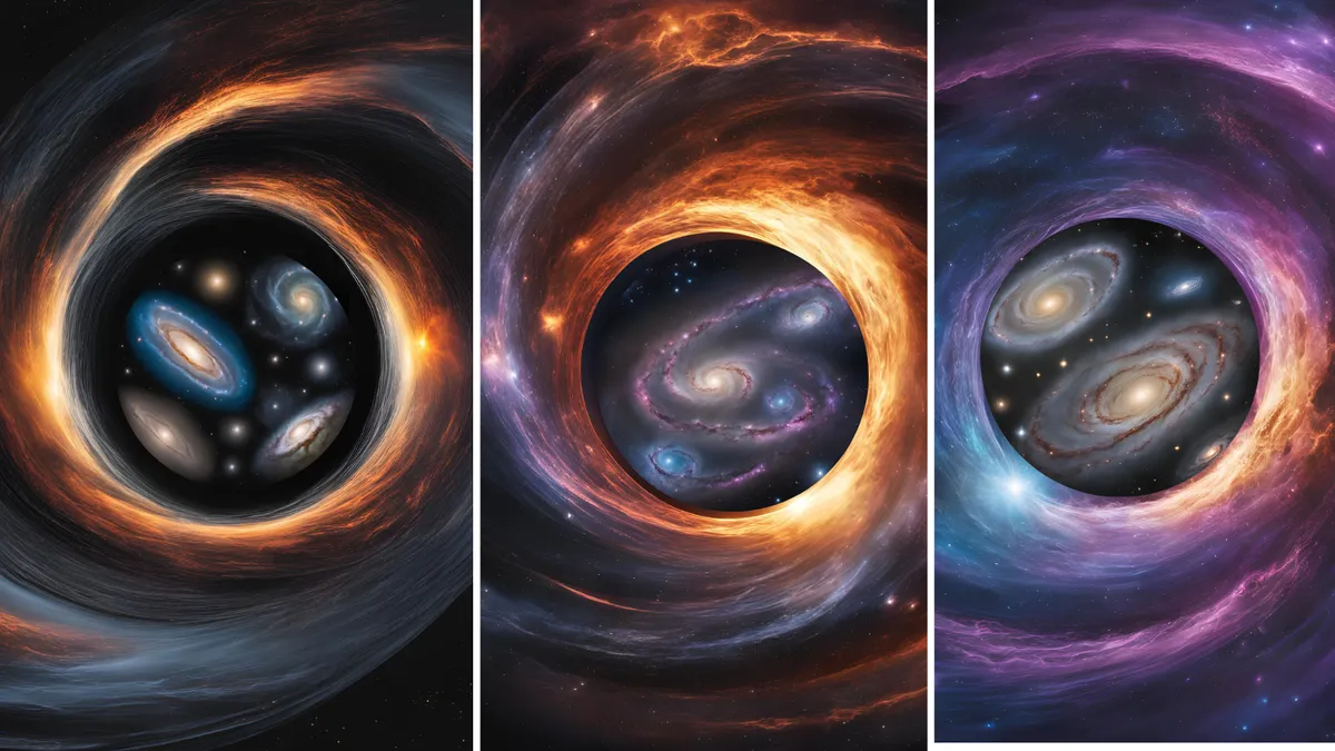 An illustration depicts baby universes hidden inside the event horizons of black holes, each sealed off from the outside cosmos.