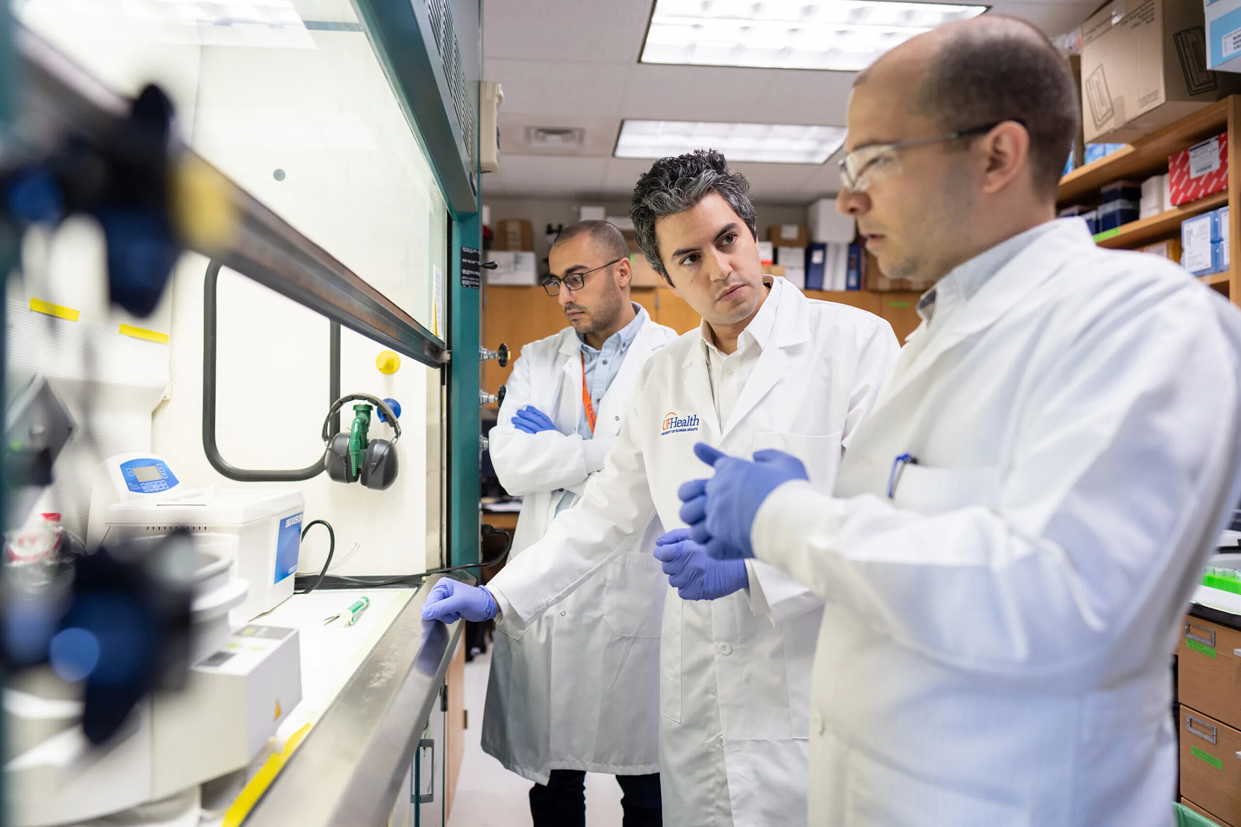 A University of Florida research team led by Elias Sayour, M.D., Ph.D., (center) developed an mRNA vaccine that boosted the tumor-fighting effects of immunotherapy in a mouse-model study.