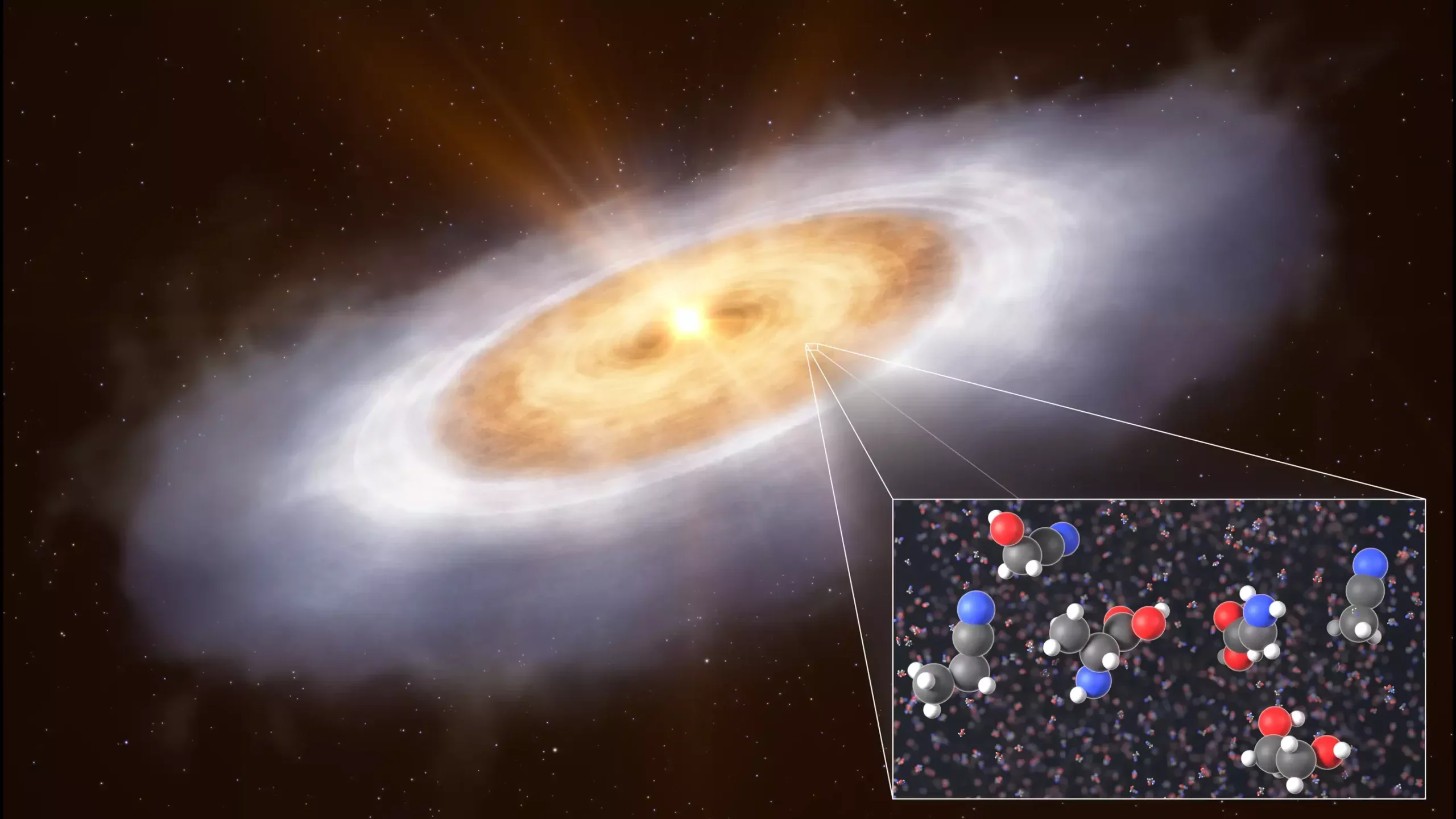 This artist’s impression shows the planet-forming disc around the star V883 Orionis. In the outermost part of the disc volatile gases are frozen out as ice, which contains complex organic molecules.