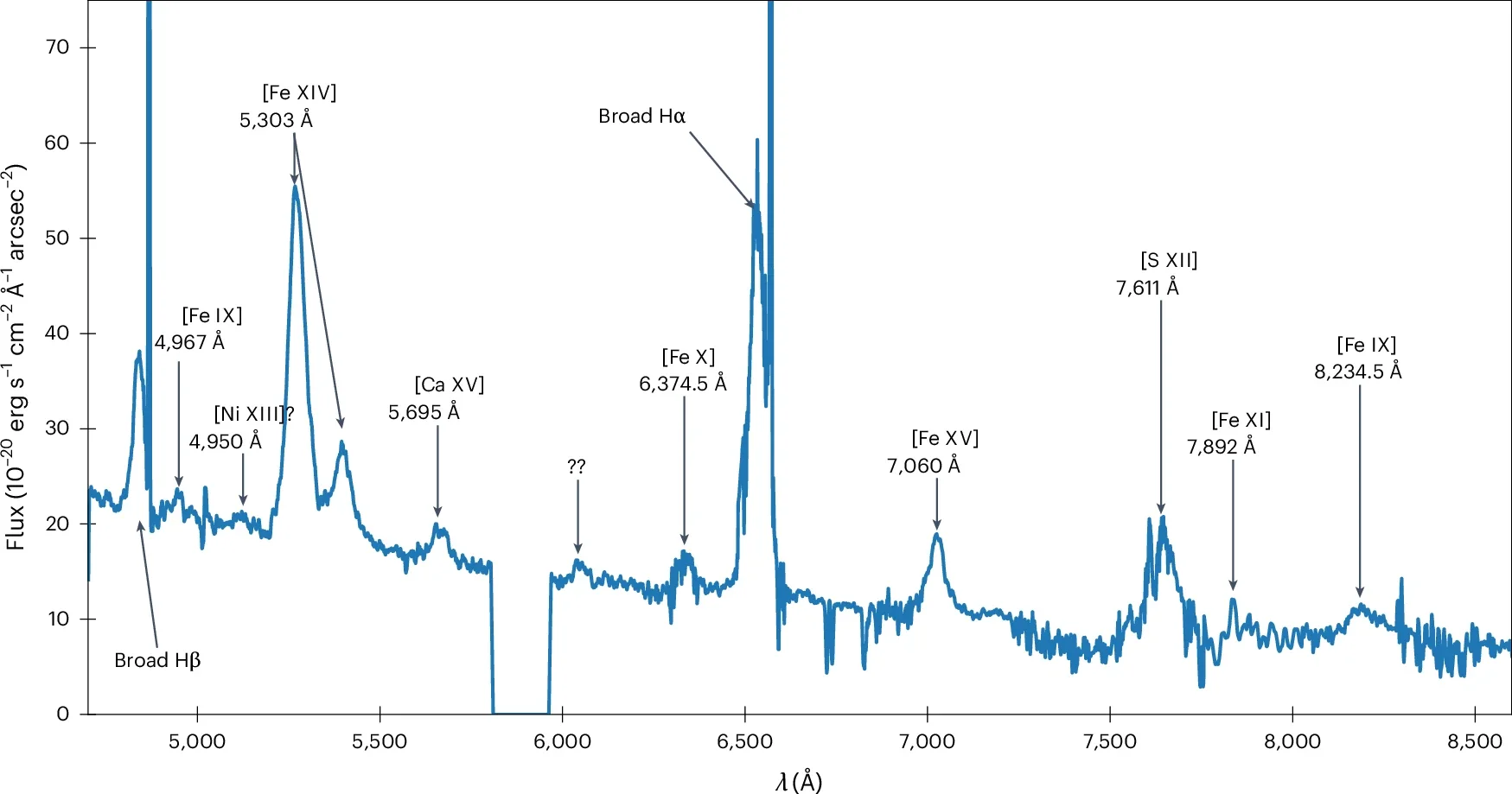 Spectral features of SNR 0509, showing coronal lines and Balmer emission.