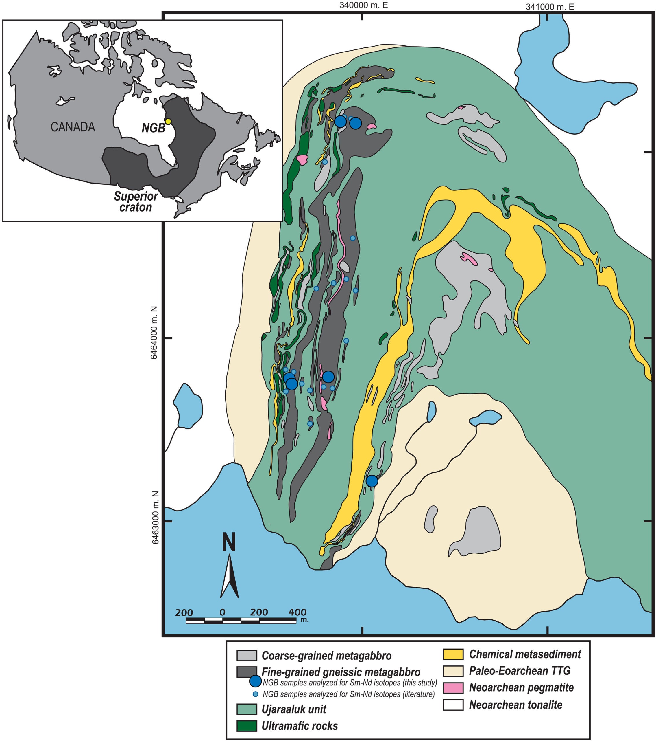 Simplified geological map of the Nuvvuagittuq Greenstone Belt, Canada.