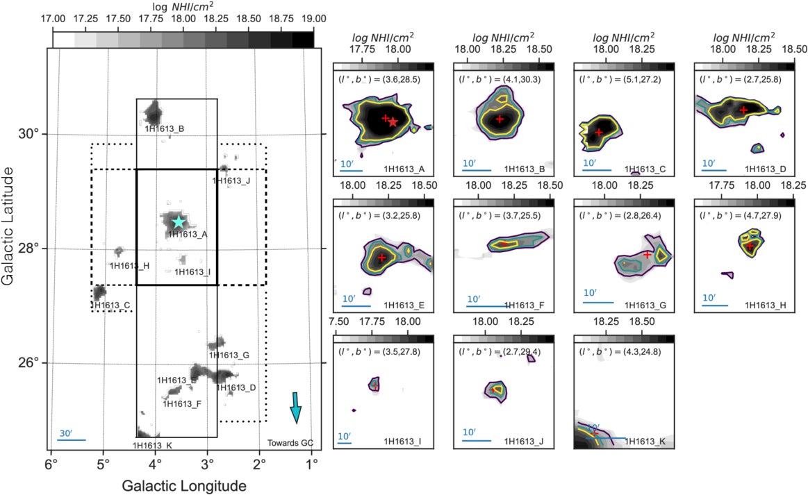 GBT H i maps of the region surrounding the background QSO 1H1613-097 (cyan star).