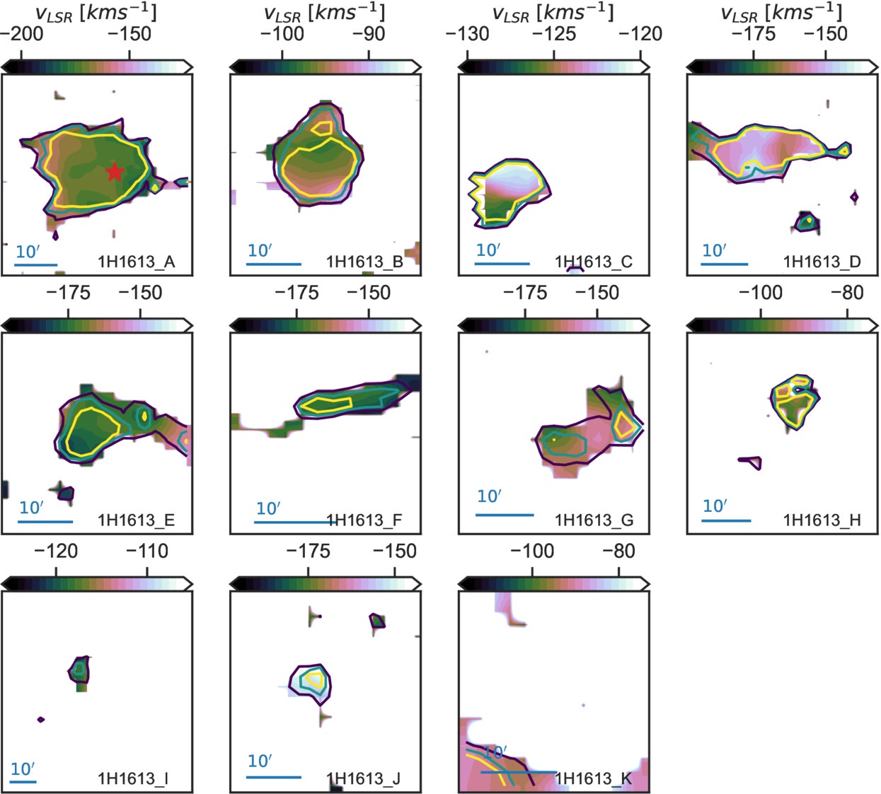 GBT first-moment maps of the HVCs, showing the mean vLSR per spaxel for each cloud. The colored contours represent the 3σ, 4σ, and 5σ column density isophotes for each cloud.