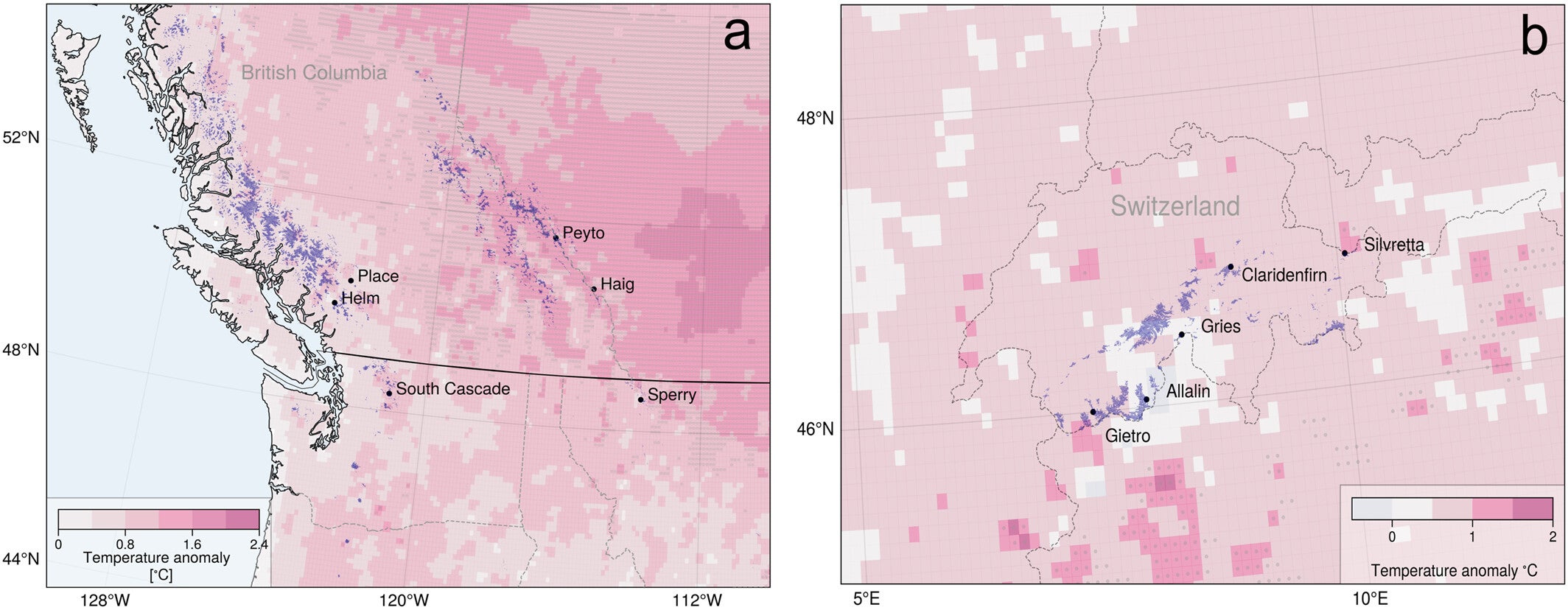 Selected monitored glaciers (in situ) and associated 2021–2024 ablation season temperature anomalies relative to the 2010–2020 average.