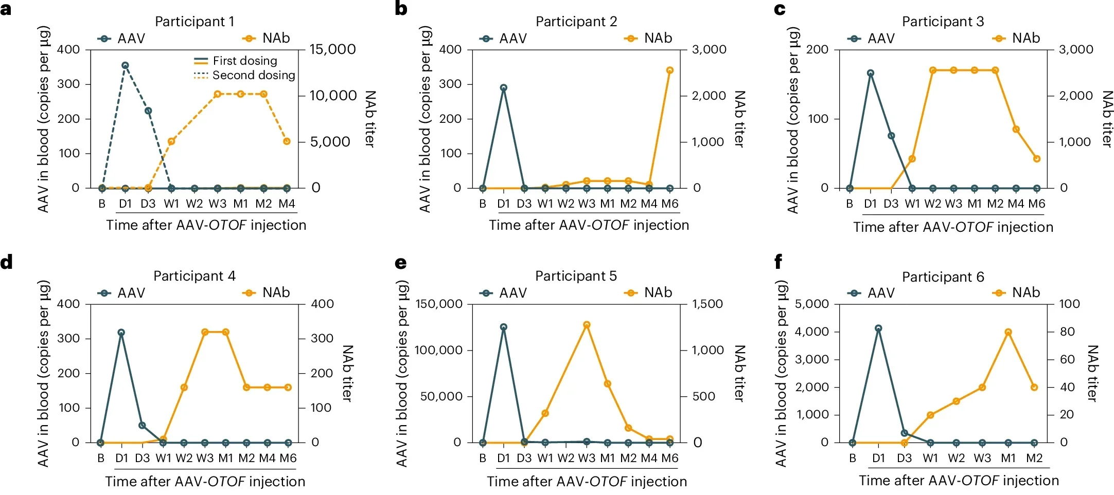 AAV distribution in whole blood and NAb distribution in serum.