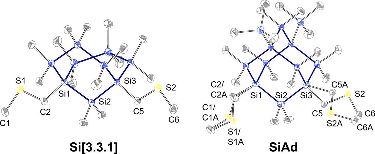 Molecular structures of Si[3.3.1] (left) and SiAd (right) determined via single-crystal X-ray diffraction with disorder included. 
