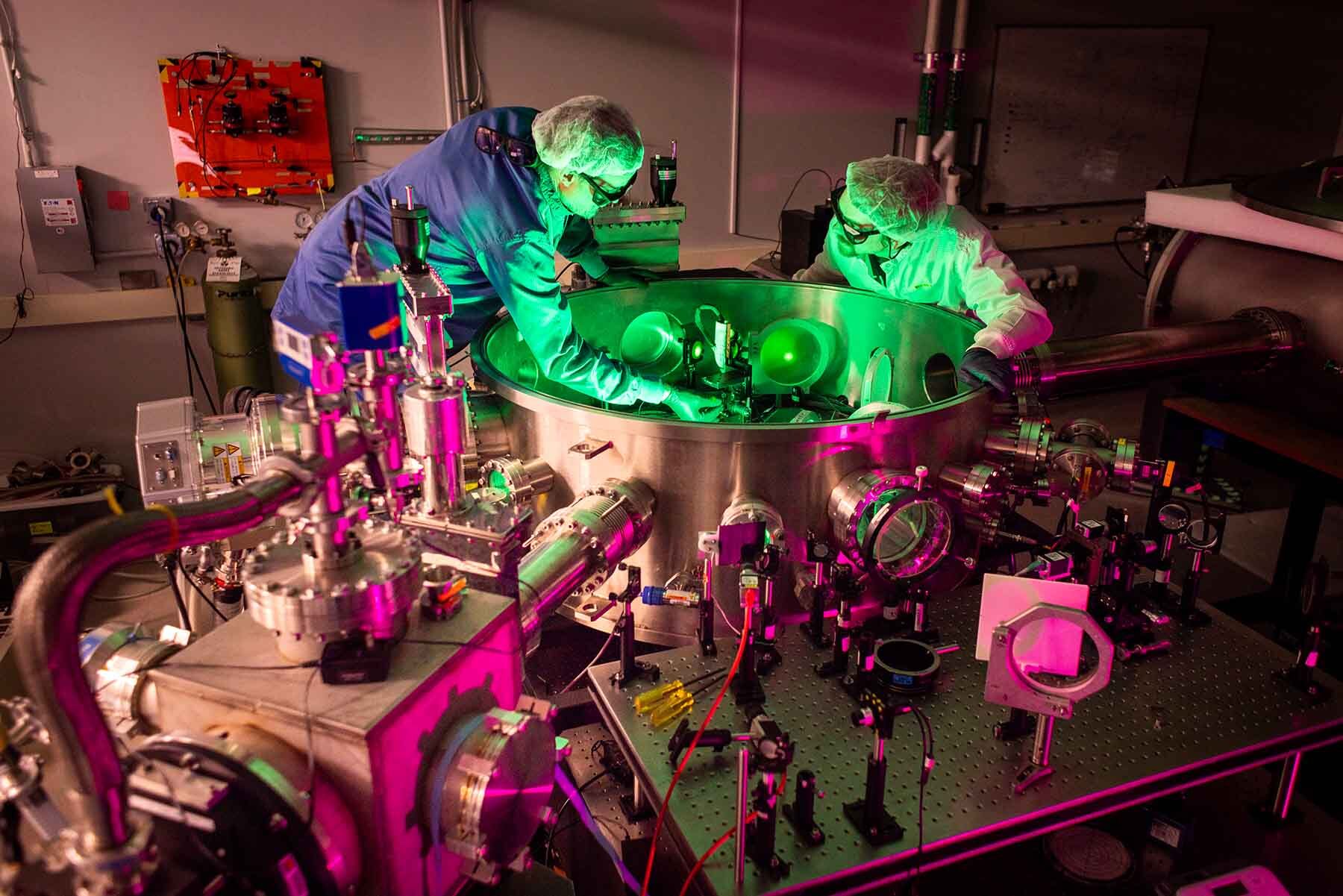 John Nees (left) and laser engineer Paul Campbell (right) work in Target Area 1, where the first 2 petawatt user experiment will take place.