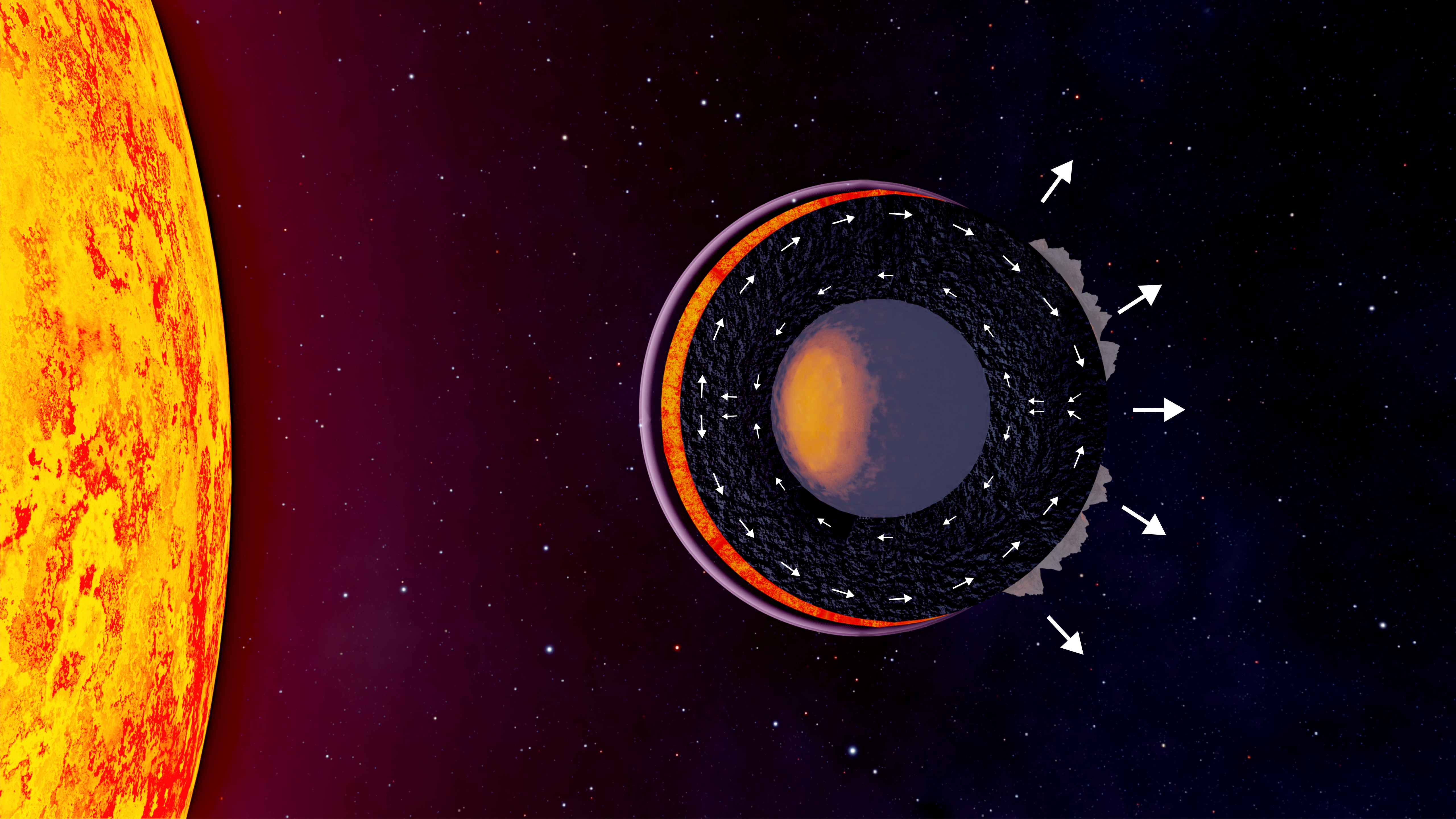 Artistic illustration of the internal structure of a lava planet in a cold state, showing a day‑side magma ocean overlain by a mineral atmosphere. 