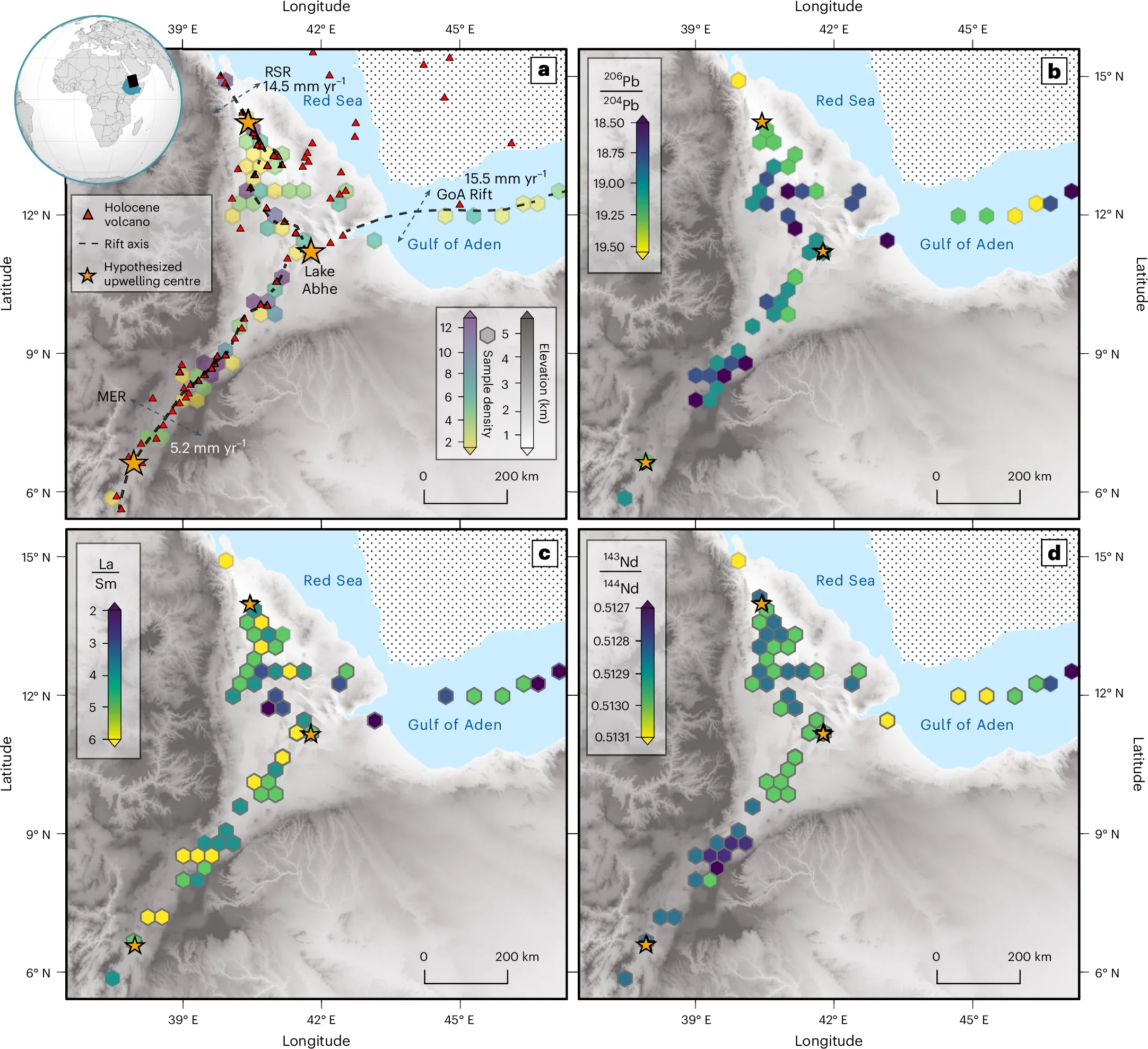Variation in geochemical and geophysical properties around the Afar Triangle.