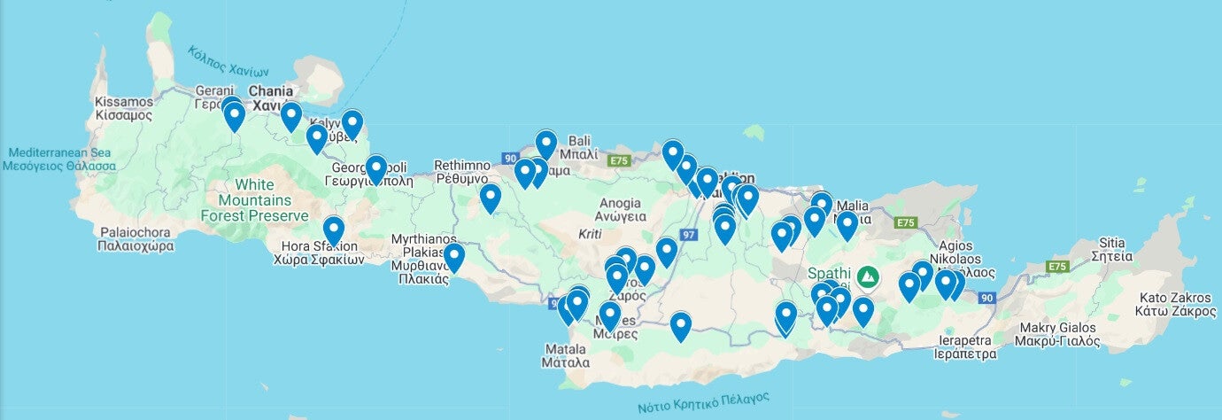 Map highlighting the 65 locations across the island of Crete, Greece, where a total of 195 soil, root rhizosphere, bacterial endophyte, insect, water, and plant matter samples were collected.