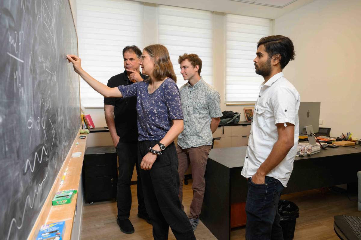 (l-r) Perez, Kirk, Ratzinger and Paranjape. Experimentalists in quantum science are collaborating with nuclear physicists and particle physics theorists