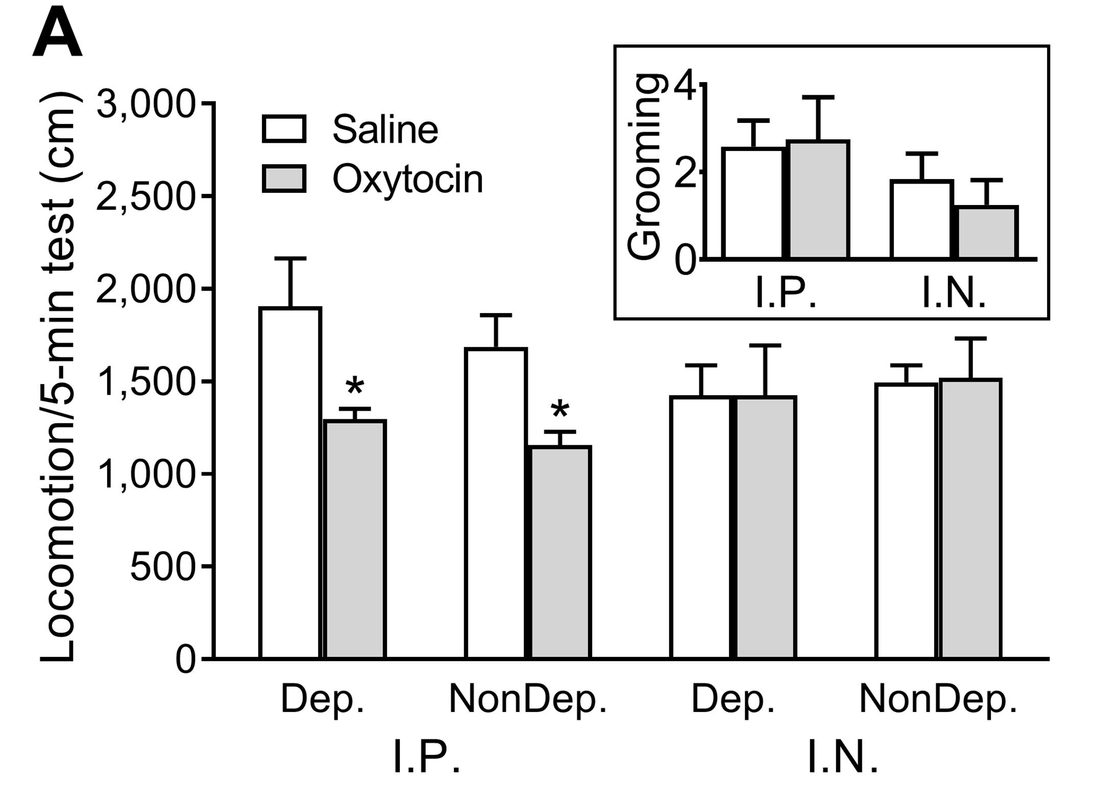Effect of intraperitoneal (0.25 mg/kg) and intranasal (1 mg/kg) oxytocin on spontaneous locomotion measured in a 5-min test in an open field.