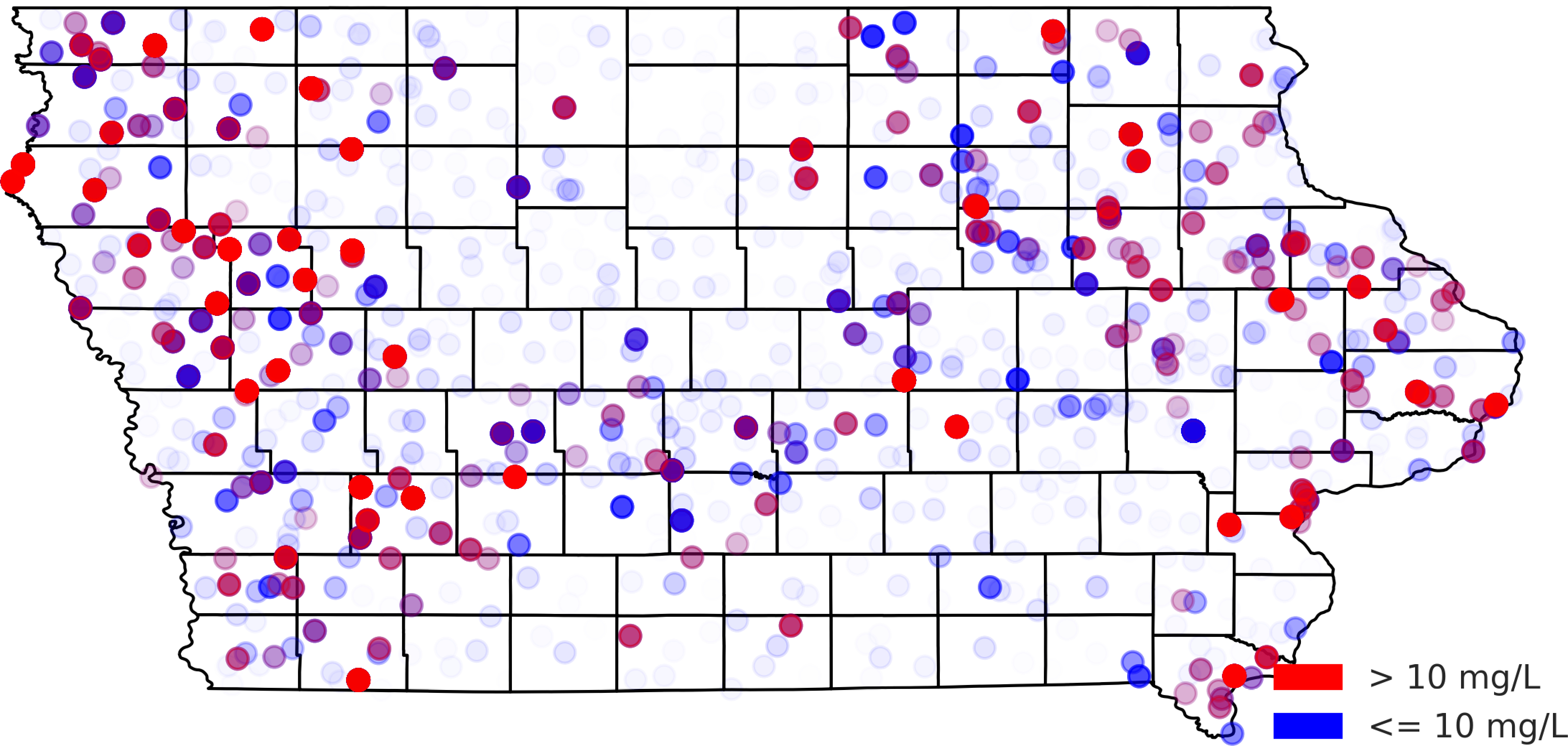 Map of Nitrate Measures in Public Water: Iowa (1970-1988).