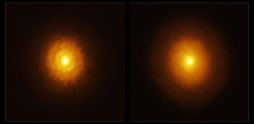 When astronomers first observed it with the Atacama Large Millimeter/submillimeter Array (ALMA), they saw a smooth, planet-free disc, shown here in the right image.hese new observations, shown in the left image, revealed a gap and a ring that had been obscured in previous observations.