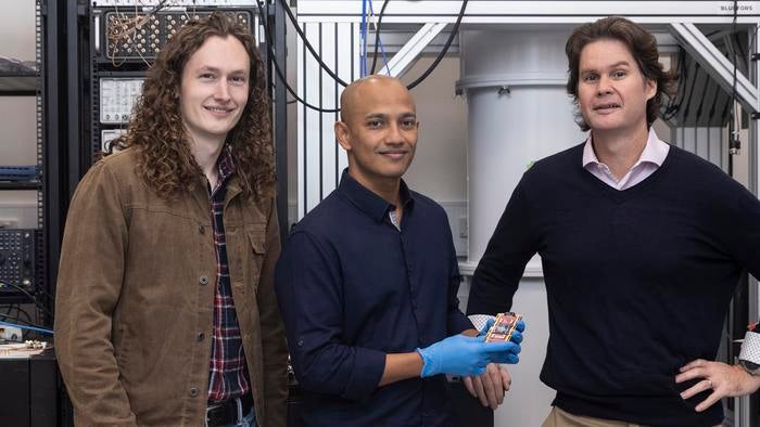 Quantum control platform research team (from left) Dr Sam Bartee, Dr Kushal Das and Professor David Reilly in the laboratories of Emergence Quantum at the University of Sydney.