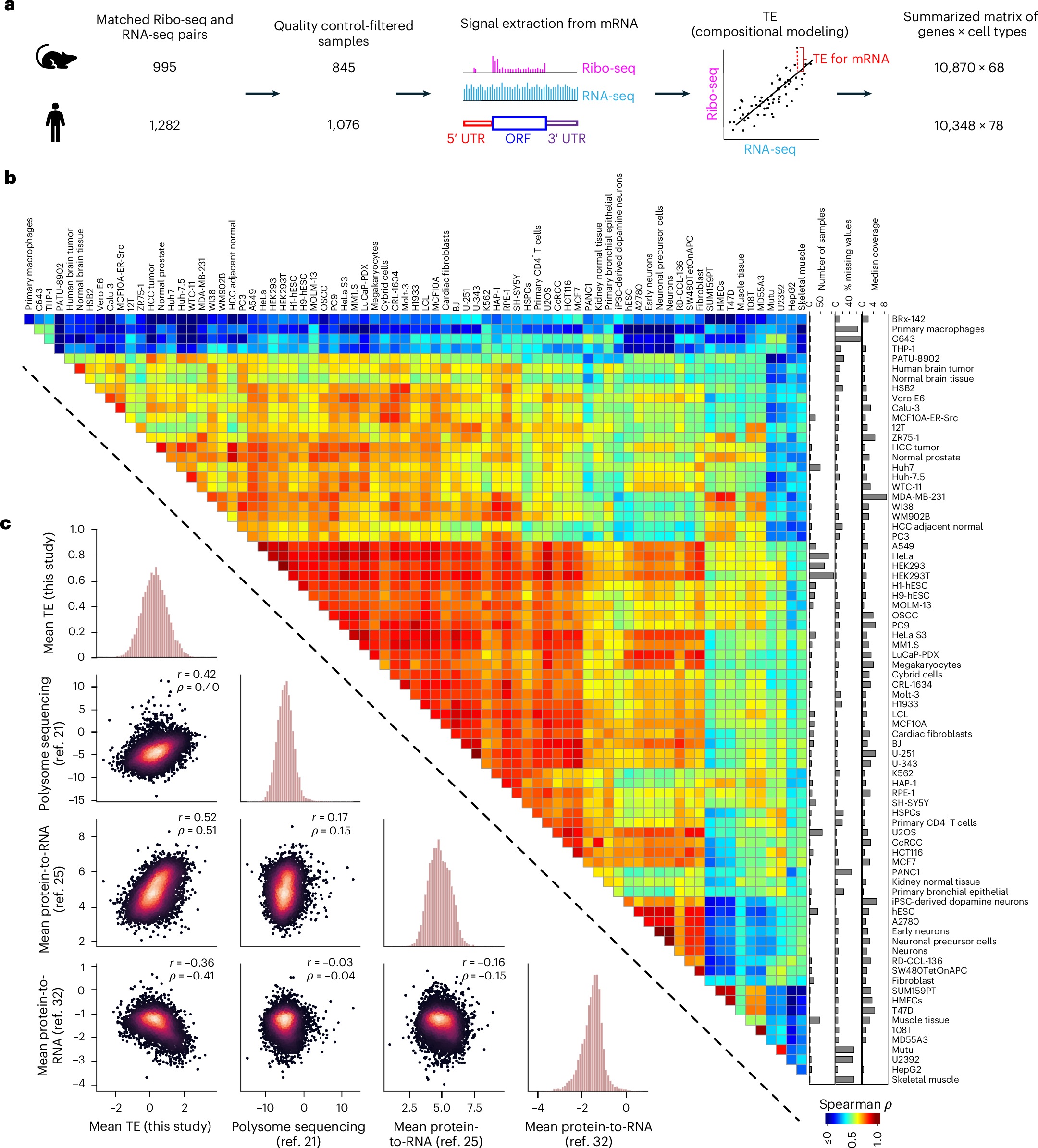 Integrative analysis of thousands of human and mouse ribosomal profiling datasets measuring TE.