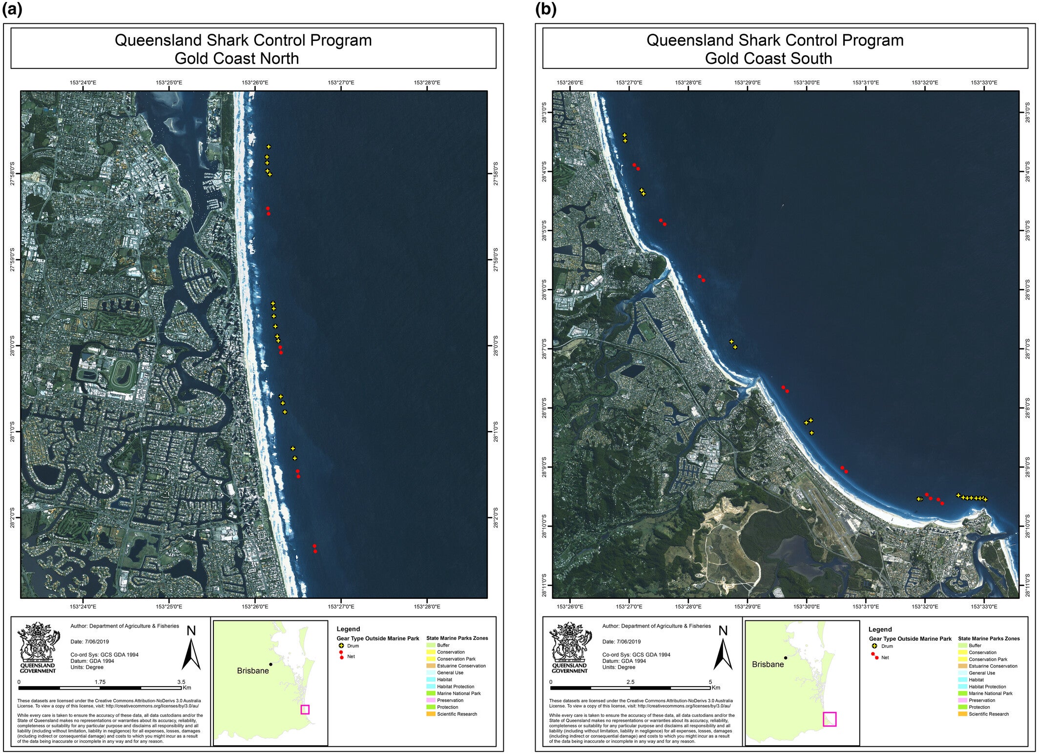 Shark control equipment distribution for the part (a) northern part of the Gold Coast (from Main Beach to Kurrawa) and part (b) southern part from Miami to Rainbow Bay. Yellow dots represent baited drumlines, and red dots represent mesh nets. Distance between closest red dots indicates the length of one net. 