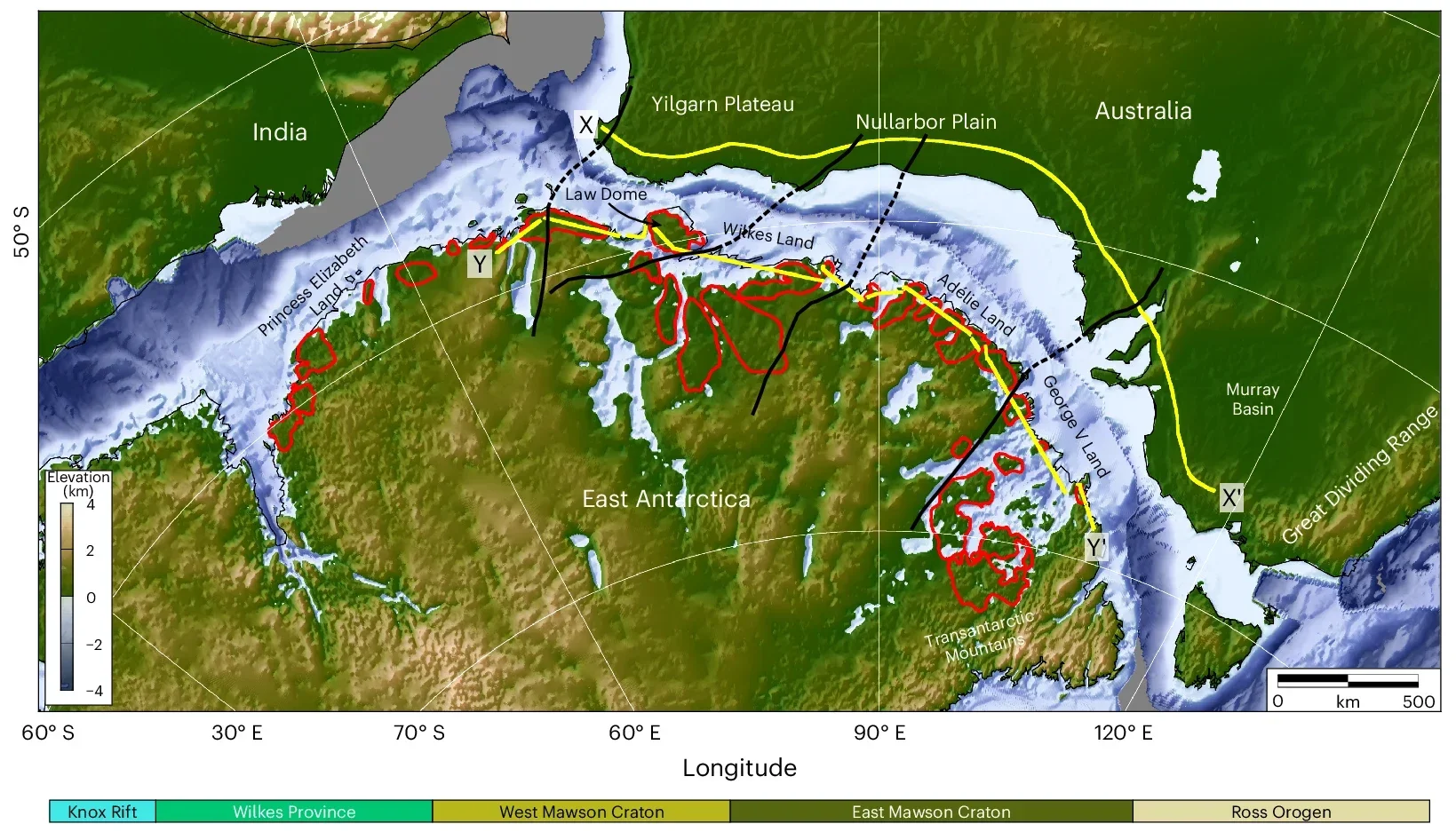Palaeogeographic reconstruction of India, Australia and East Antarctica at 157 Ma. Labels indicate modern-day topographic features.