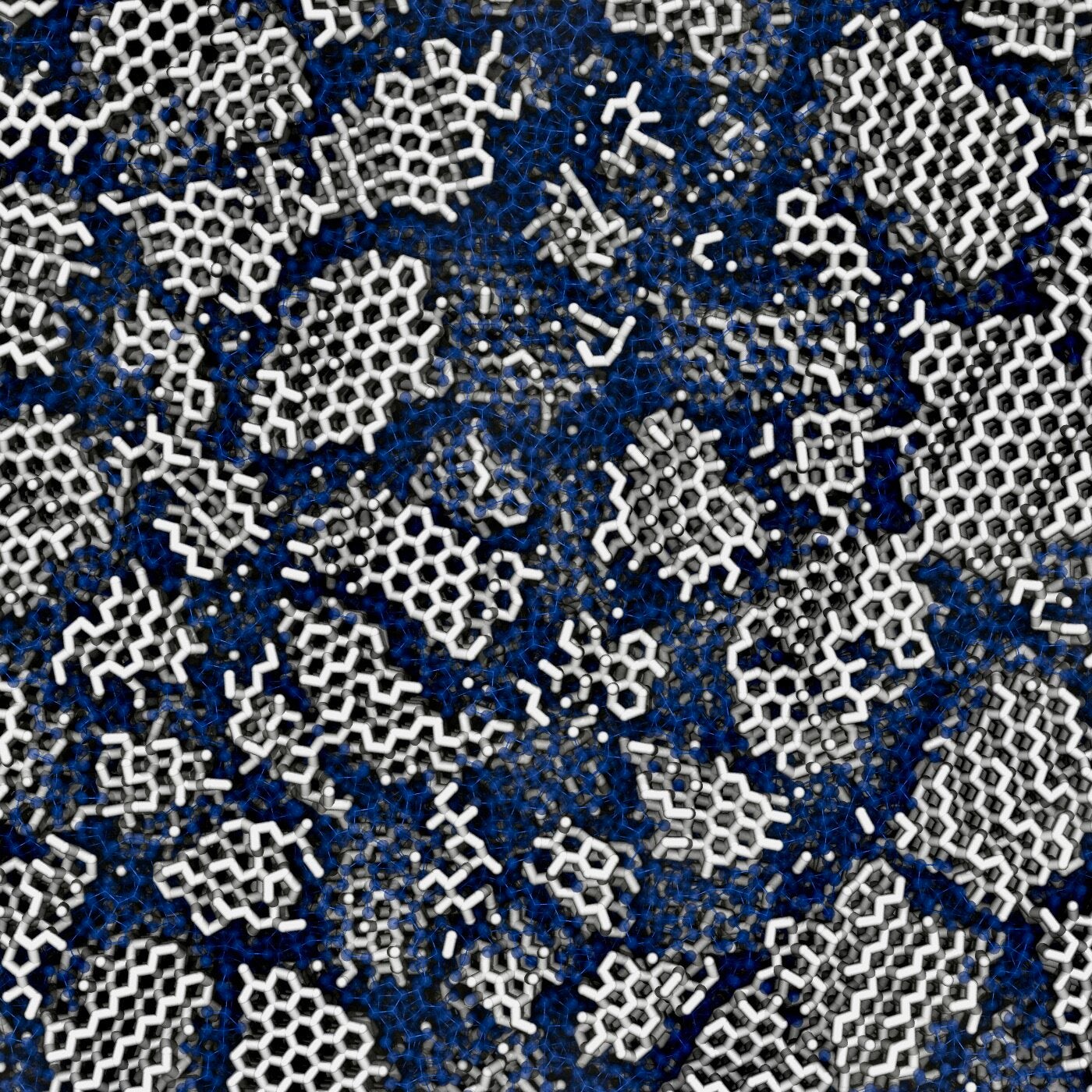 Visual representation of the structure of low-density amorphous ice. Many tiny crystallites (white) are concealed in the amorphous material (blue).
