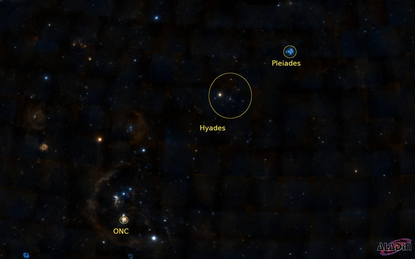 The constellation Orion with the Orion Nebula Cluster as the central “star” in the sword of Orion, the Pleiades and the Hyades. All three open clusters are highlighted by large yellow circles.