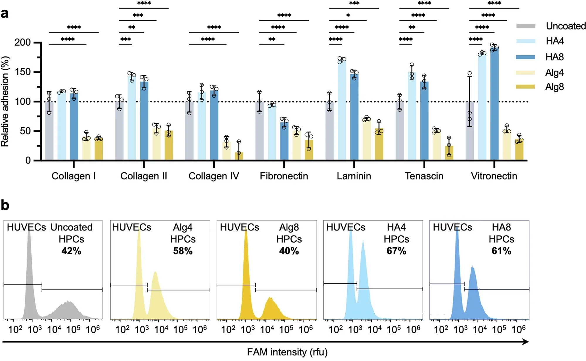 Polysaccharide coatings modulate cell adhesion to ECM proteins and human umbilical vein endothelial cell (HUVEC) monolayers.