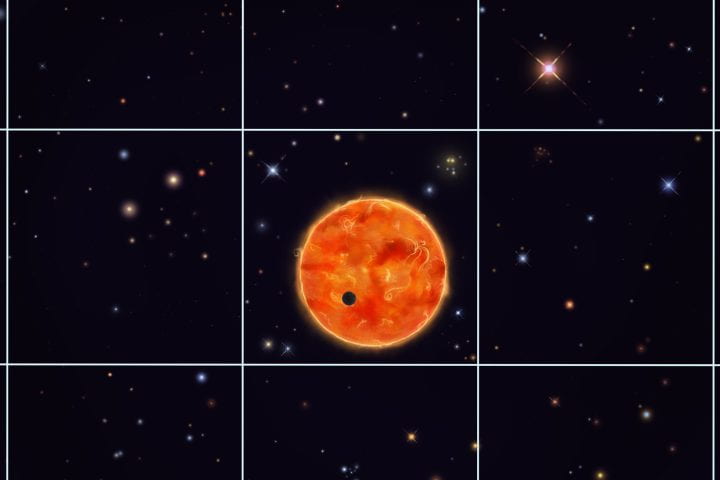 An exoplanet host with several background stars. If left uncorrected, the additional light from the background stars can lead to underestimated exoplanet size measurements. The square grid represents individual pixels from NASA’s TESS satellite.