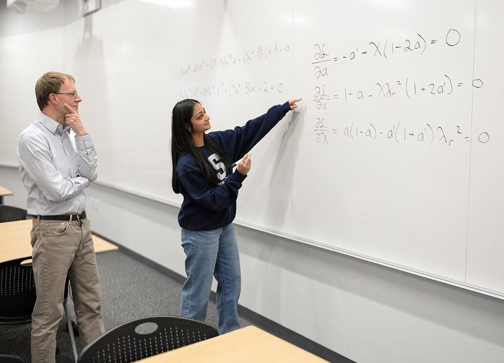 Penn State engineering graduate student Divya Tyagi presents her solution to a century-old math problem to her adviser, faculty member Sven Schmitz.