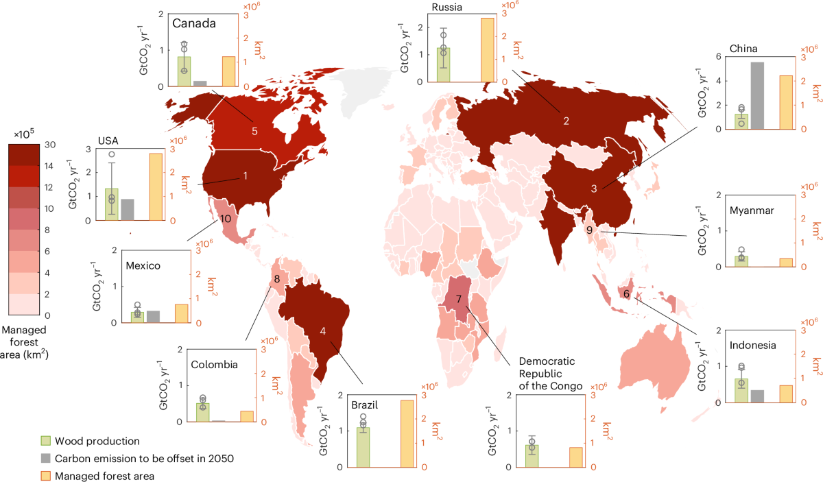 Top ten countries with the highest wood production in managed forests.