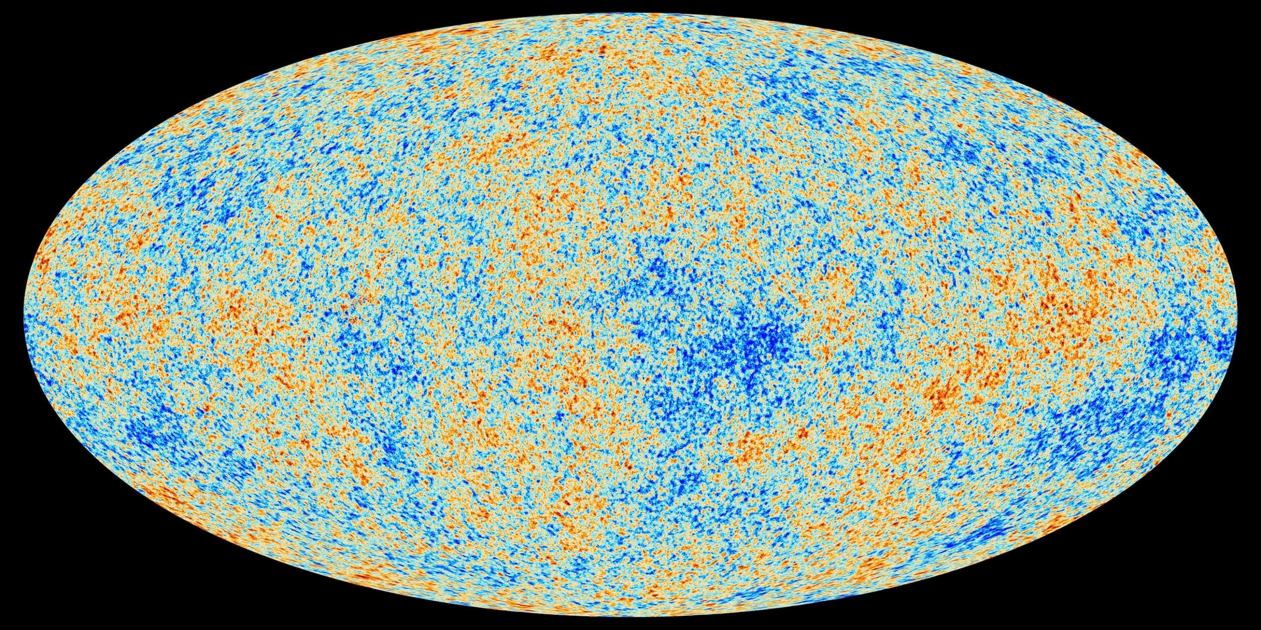 Temperature map of the cosmic microwave background measured by the Planck spacecraft.