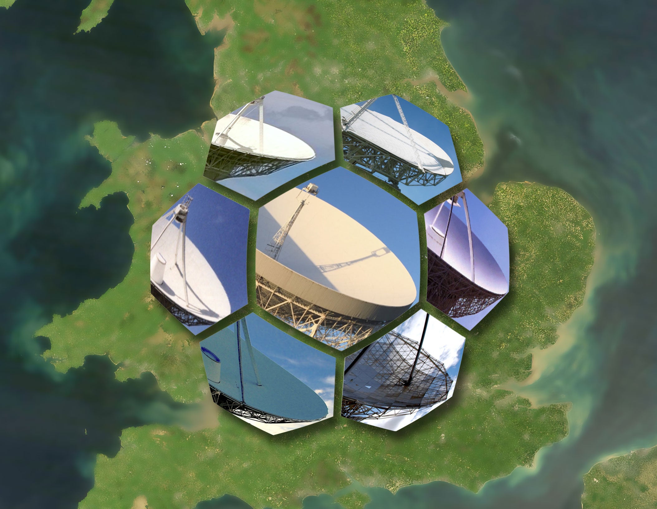 e‑MERLIN is an interferometer array of seven radio telescopes spanning 217 km (135 miles) across the UK, connected by a superfast optical fibre network to its headquarters at Jodrell Bank.