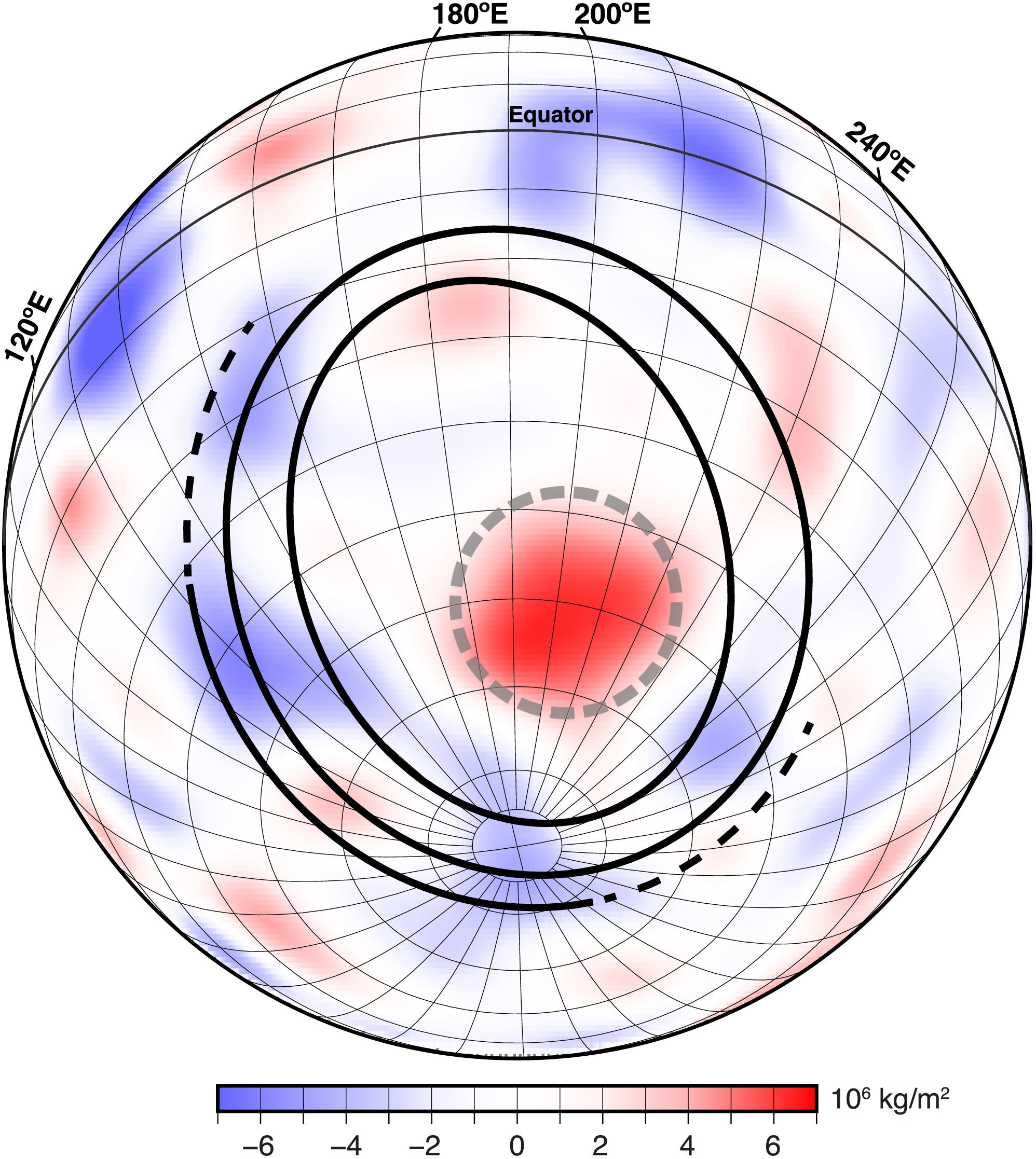 Mantle mass excess per unit area. A large excess of mass in the southern interior of the South Pole-Aitken basin coincides with the central depression outlined in Figure 1 (outlined here with a dashed gray circle).