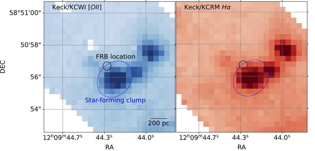 KCWI narrowband images of the burst location. [O II] 3726, 3729 Å and Hα images extracted from the coadded cubes of the blue and red arms of KCWI, respectively. 