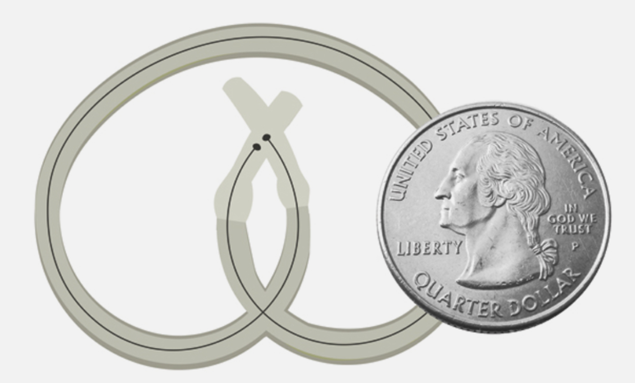 Size comparison of the TAR-200 device and a US quarter coin.  