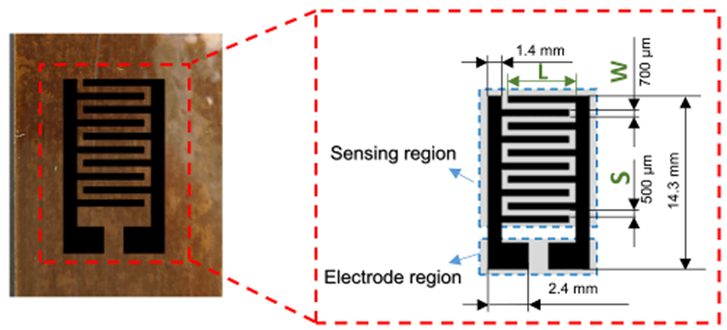 LIG interdigital electrode on the PI film with geometric dimensions shown in the inset.