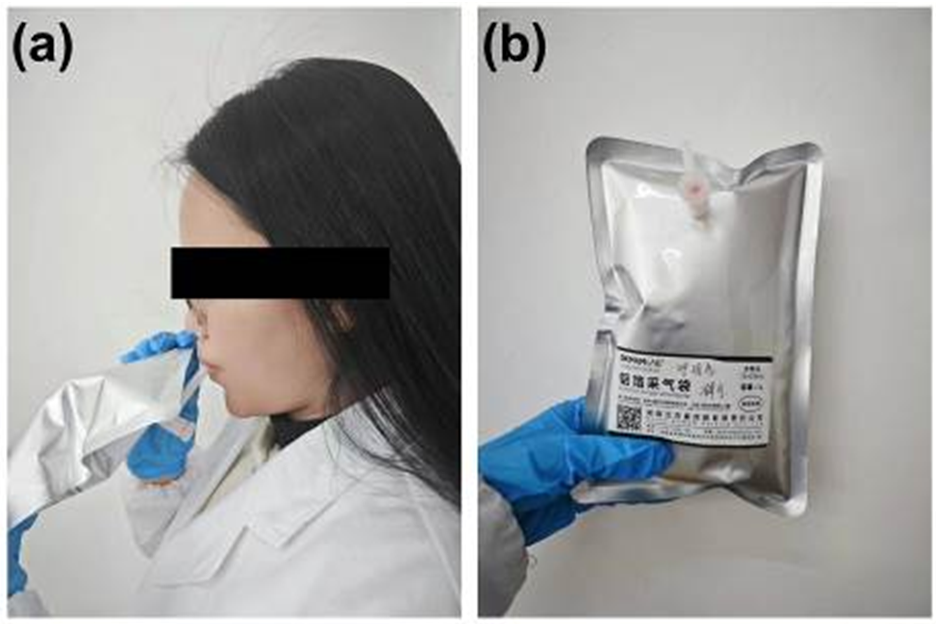 Optical images showing the a) sample gas collection process into b) the gas collecting bag.