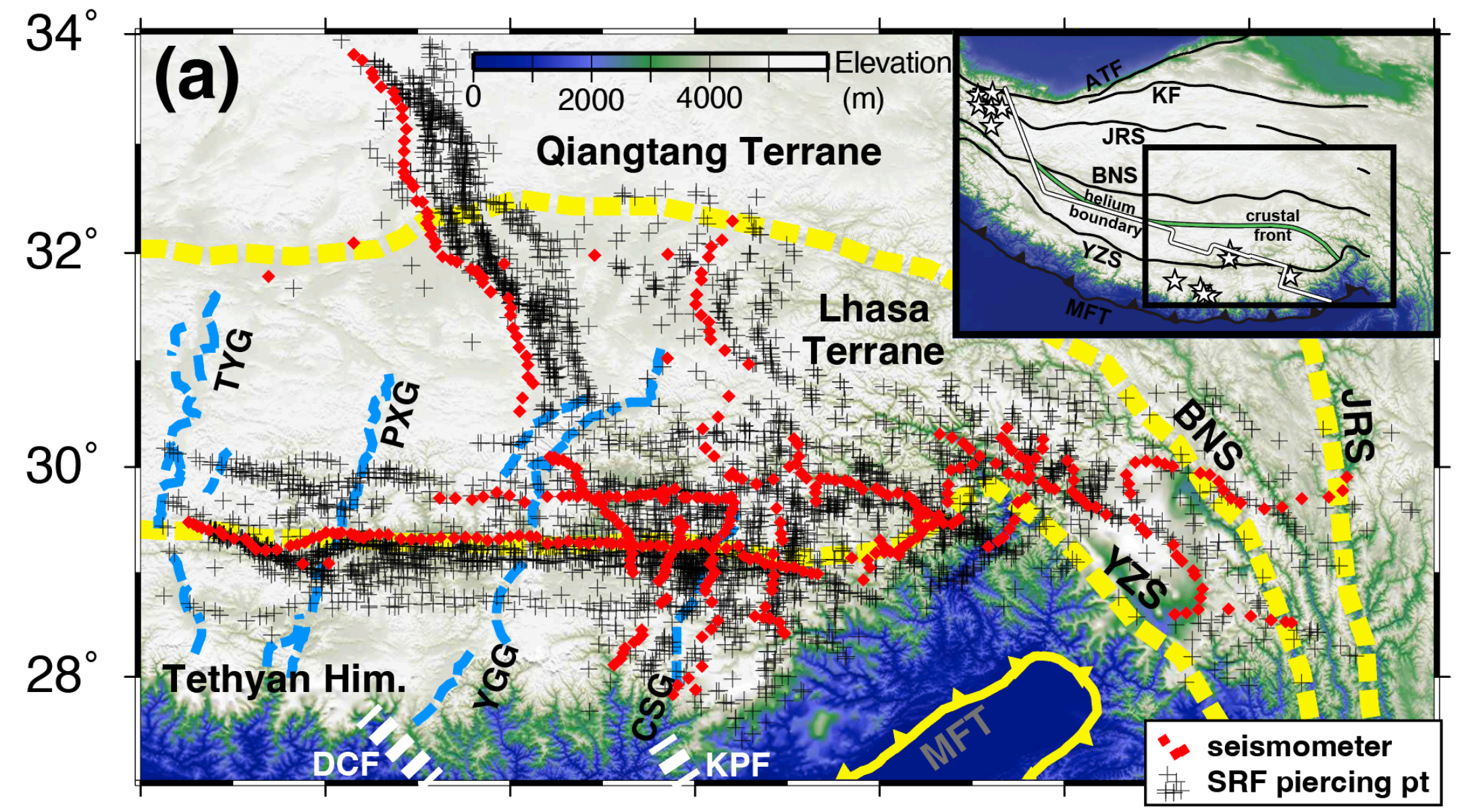 Shaded-relief map of southern Tibet showing seismometers (red diamonds) and
SRF piercing points at 150 km (black crosses).
