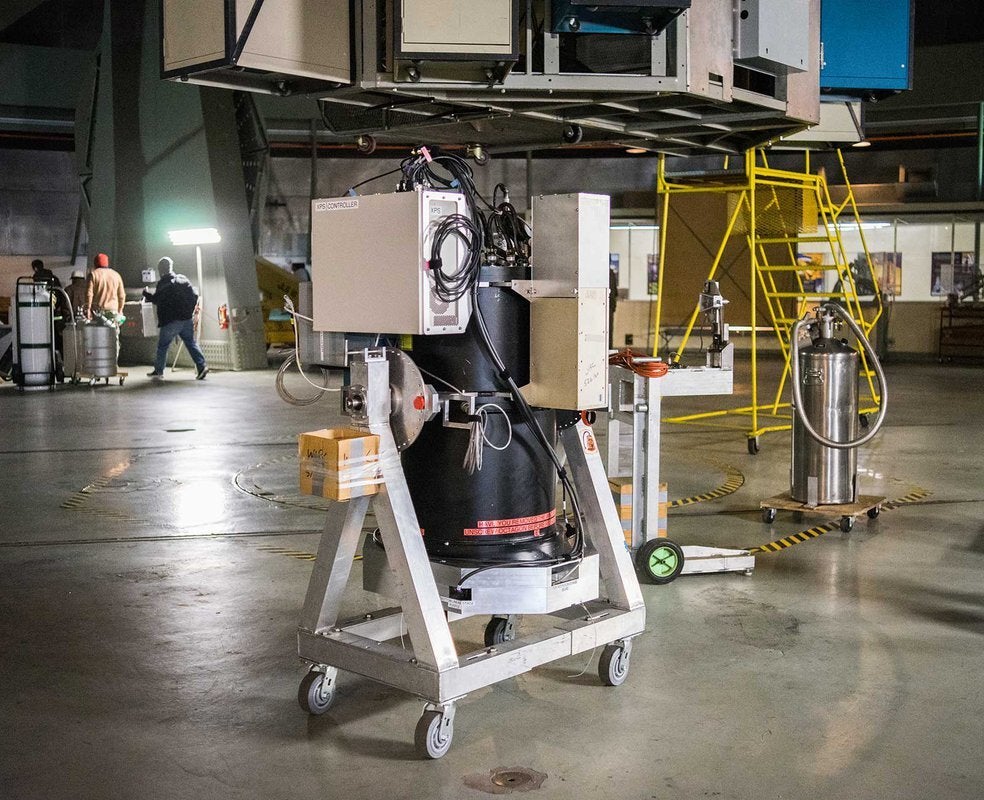 The WIRC+Pol instrument before installation at Palomar. Located at the 200-inch Hale Telescope, WIRC+Pol is an enhancement of an existing instrument that operates at Palomar called the Wide-Field Infrared Camera. WIRC+Pol is the first instrument that employs a polarization grating on a large telescope. 