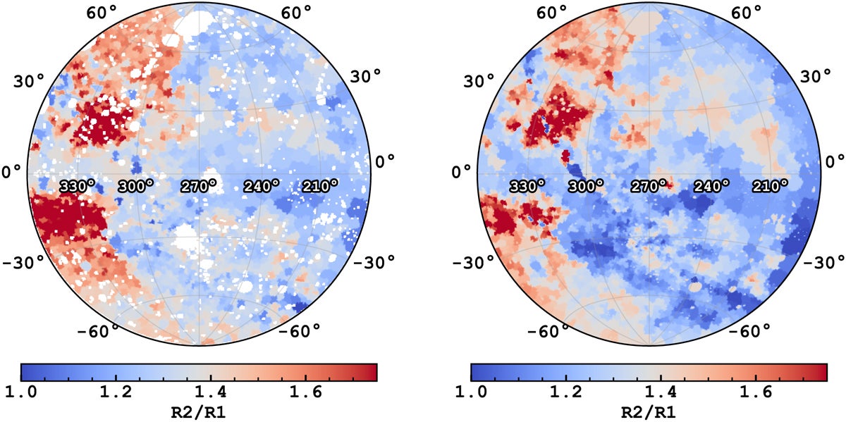 Comparison of our forward-modelled R2/R1 band ratio map with the observation.