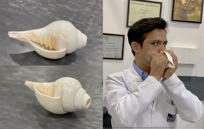 Picture of a conch shell and researcher demonstrating practice of shankh blowing