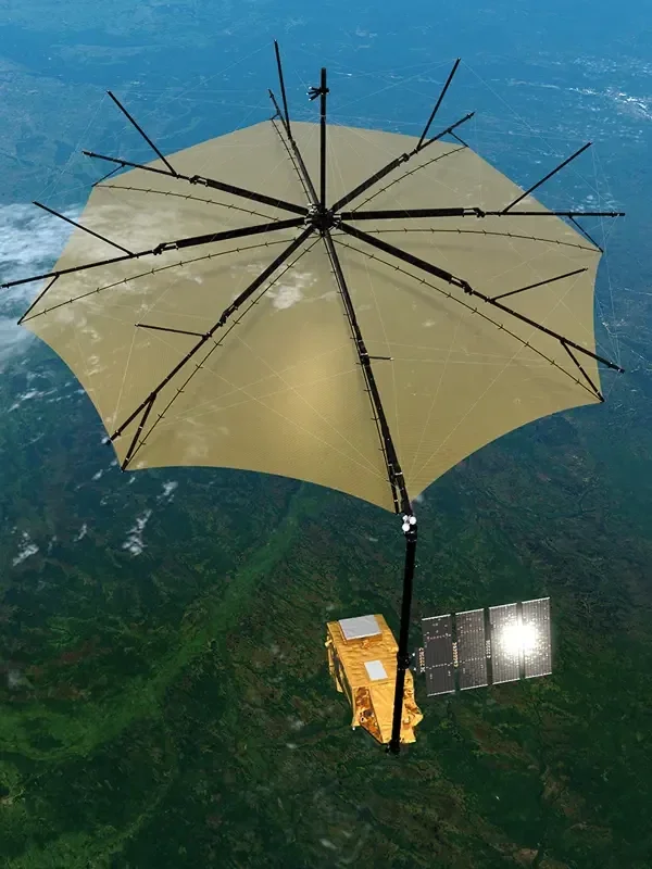 Illustration of the Biomass satellite in orbit.